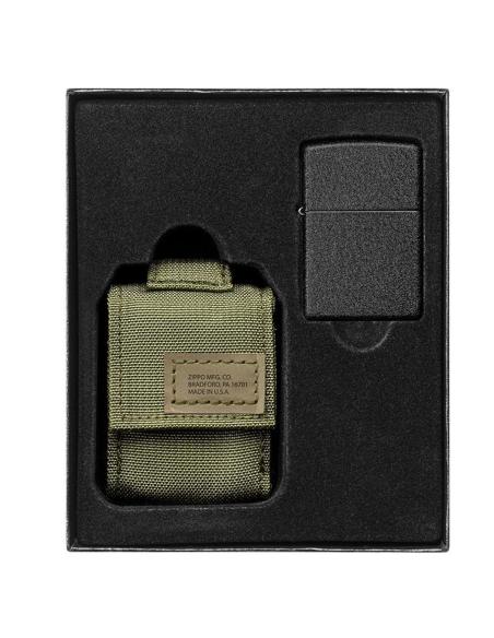 GIFT BOX WITH ZIPPO BLACK CRACKLE LIGHTER AND GREEN POUCH