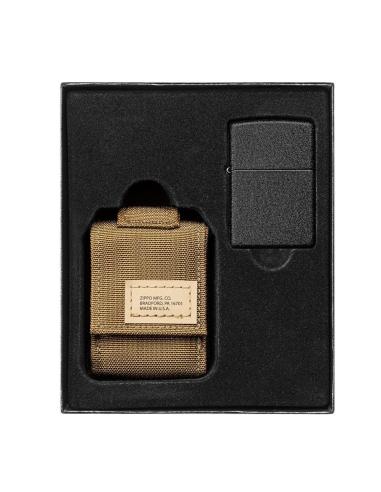 BOÎTE CADEAU AVEC BRIQUET NOIR CRAQUELÉ ET ÉTUI BRUN