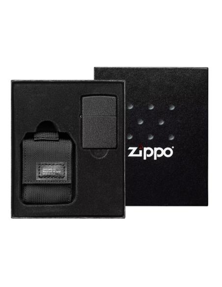 BOÎTE CADEAU AVEC POCHETTE NOIRE ET BRIQUET ZIPPO NOIR CRAQUELÉ