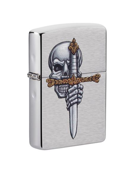 ISQUEIRO ZIPPO COM CRÂNIO E ESPADA EM ACABAMENTO CROMADO ESCOVADO