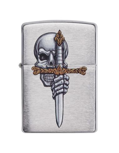 ZIPPO LIGHTER WITH SKULL AND SWORD IN BRUSHED CHROME FINISH