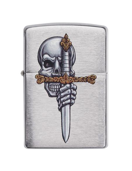 BRIQUET ZIPPO AVEC TÊTE DE MORT ET ÉPÉE EN FINITION CHROME BROSSÉ
