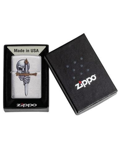 ZIPPO LIGHTER WITH SKULL AND SWORD IN BRUSHED CHROME FINISH