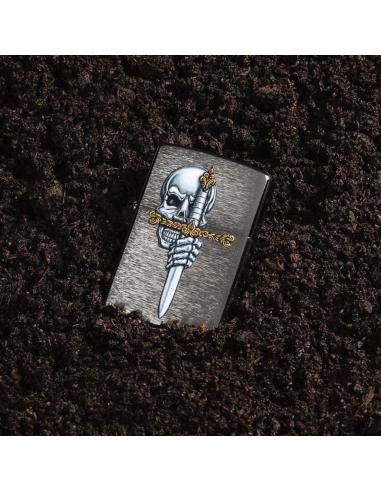 ZIPPO LIGHTER WITH SKULL AND SWORD IN BRUSHED CHROME FINISH