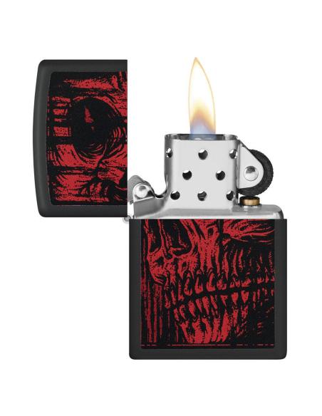 ISQUEIRO PRETO MATE COM CAVEIRA ZÍPER VERMELHA