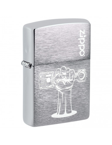 CHROME ZIPPO LIGHTER WITH HAND AND PISTON DESIGN