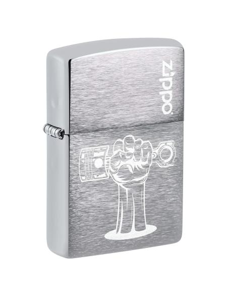 ISQUEIRO DE ZÍPER CROMADO COM DESENHO DE MÃO E PISTÃO