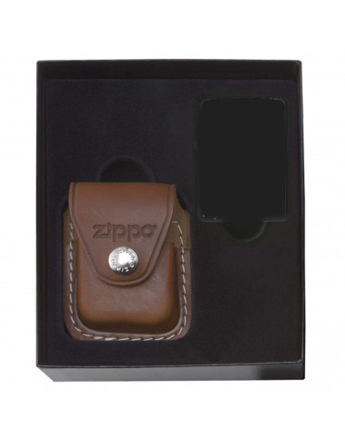 BROWN LEATHER ZIPPO CASE GIFT SET