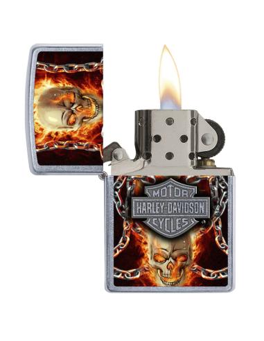 Comprar Mechero Con Calaveras En Llamas Zippo Con Logo De Harley a precio de oferta
