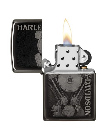 ISQUEIRO ZIPPO COM MOTOR HARLEY EM ACABAMENTO POLIDO PRETO
