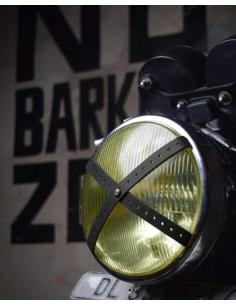 BLACK PERFORATED LEATHER X-STRAP FOR CAFE RACER HEADLIGHTS BY TRIP MACHINE