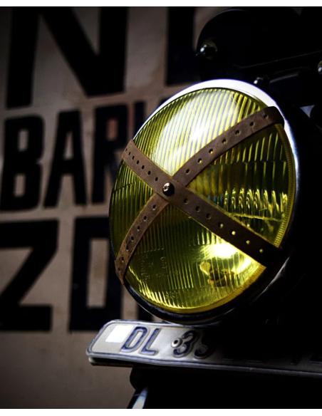 TOBBACO BROWN PERFORATED LEATHER X-STRAP FOR CAFE RACER HEADLIGHTS BY TRIP MACHINE
