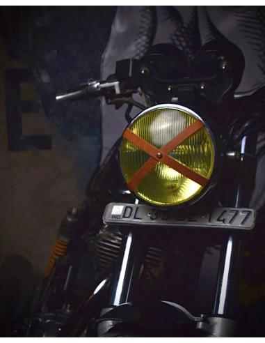 CHESTNUT BROWN LEATHER X-STRAP FOR CAFE RACER HEADLIGHTS BY TRIP MACHINE