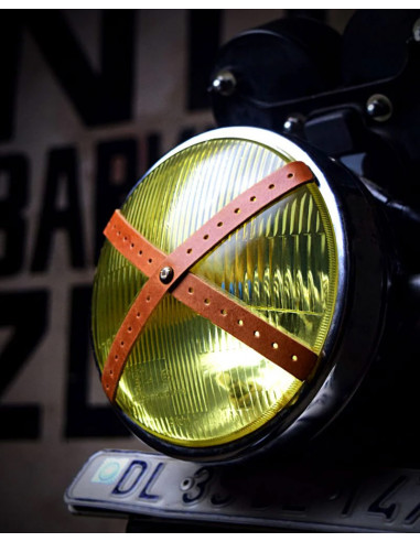 CHESTNUT BROWN PERFORATED LEATHER X-STRAP FOR CAFE RACER HEADLIGHTS BY TRIP MACHINE