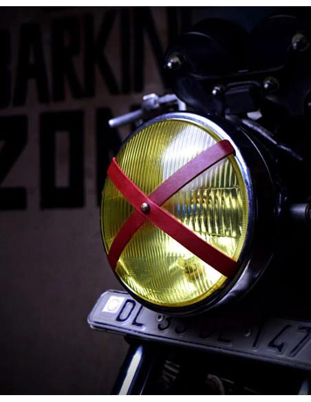 FITA X EM COURO VERMELHO CEREJA PARA FARÓIS DE CAFÉ RACER DE TRIP MACHINE
