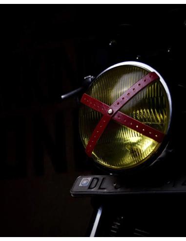 CHERRY RED PERFORATED LEATHER X-STRAP FOR CAFE RACER HEADLIGHTS BY TRIP MACHINE