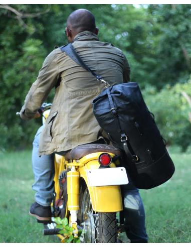 TRIP MACHINE BLACK LEATHER MILITARY MOTORBIKE DUFFEL BAG