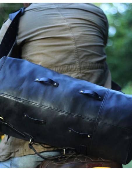 TRIP MACHINE BLACK LEATHER MILITARY MOTORBIKE DUFFEL BAG