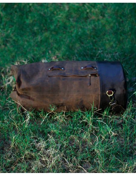BROWN TOBACCO LEATHER MILITARY MOTORBIKE DUFFEL BAG BY TRIP MACHINE