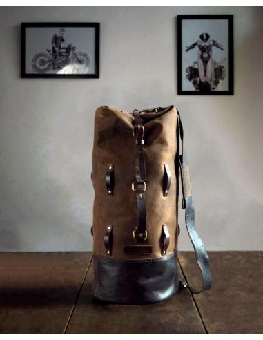 BROWN TOBACCO LEATHER MILITARY MOTORBIKE DUFFEL BAG BY TRIP MACHINE