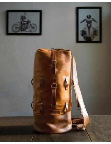 VINTAGE TAN LEATHER SADDLE BAG MILITARY DUFFEL BY TRIP MACHINE