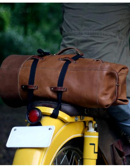 VINTAGE TAN LEATHER SADDLE BAG MILITARY DUFFEL BY TRIP MACHINE