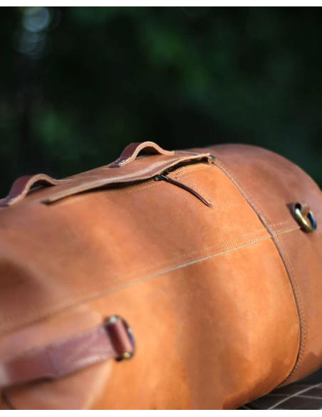 VINTAGE TAN LEATHER SADDLE BAG MILITARY DUFFEL BY TRIP MACHINE