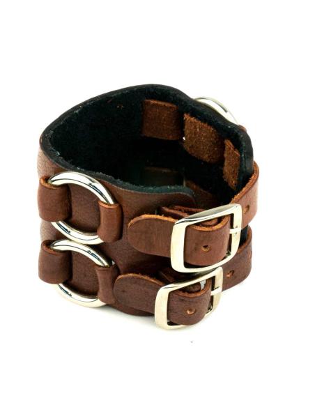 Comprar Pulsera De Cuero Marrón Con Doble Hebilla De 25 Cm. a precio de oferta