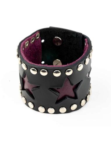 BRACELETE DE COURO COM ESTRELAS ROXAS 24 CM