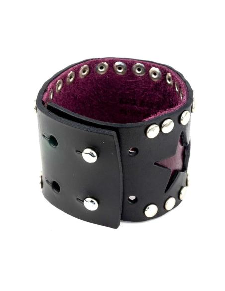BRACELETE DE COURO COM ESTRELAS ROXAS 24 CM