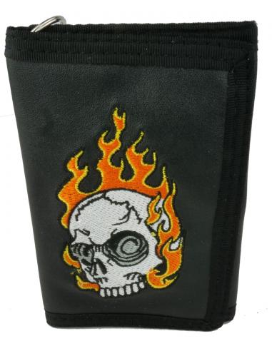 SKULL WITH FLAMES EMBROIDERED CANVAS WALLET