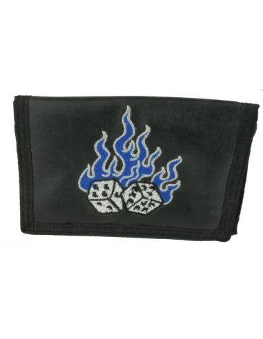 EMBROIDERED CANVAS WALLET DICE WITH BLUE FLAMES