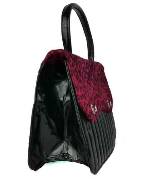PIN-UP STYLE BAG IN PATENT LEATHER WITH RED LEOPARD-LIKE HAIR