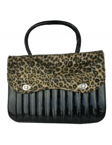 PIN-UP STYLE BAG IN BLACK PATENT LEATHER WITH BROWN LEOPARD-LIKE FUR
