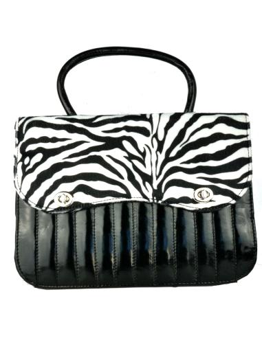 SAC STYLE PIN-UP EN CUIR VERNI NOIR AVEC FOURRURE TYPE ZÈBRE