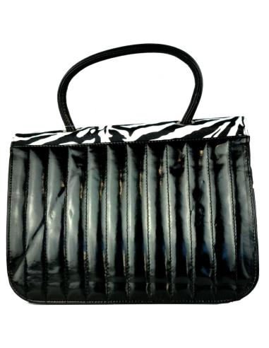 SAC STYLE PIN-UP EN CUIR VERNI NOIR AVEC FOURRURE TYPE ZÈBRE