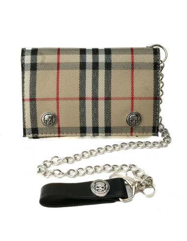 BEIGE CHECKED CHAIN WALLET WITH SKULL RIVETS