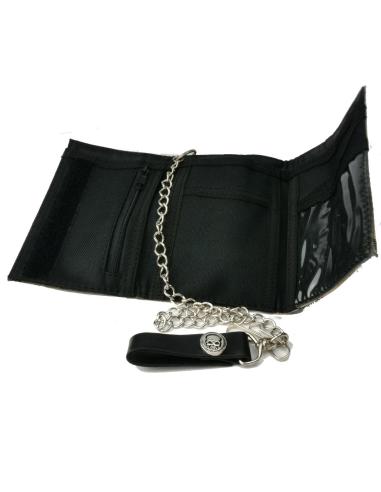 BEIGE CHECKED CHAIN WALLET WITH SKULL RIVETS