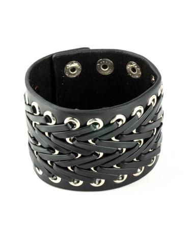 BRACELETE PRETA EM ZIG-ZAG EM COURO TRANÇADO COM BOTÕES DE PRESSÃO