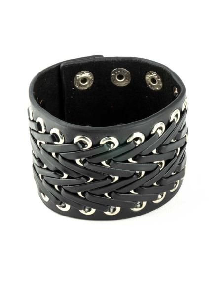 BRACELETE PRETA EM ZIG-ZAG EM COURO TRANÇADO COM BOTÕES DE PRESSÃO
