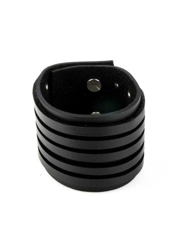 BRACELET EN CUIR NOIR 24X5 CM. AVEC 5 LANIÈRES DÉCORATIVES