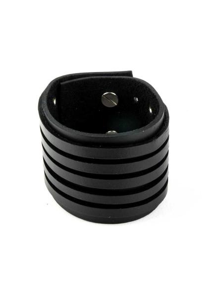 BRACELET EN CUIR NOIR 24X5 CM. AVEC 5 LANIÈRES DÉCORATIVES