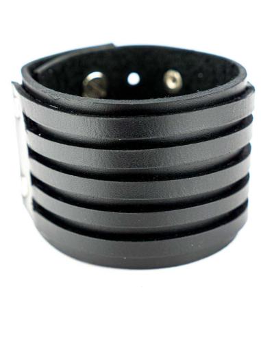 BRACELET EN CUIR NOIR 24X5 CM. AVEC 5 LANIÈRES DÉCORATIVES