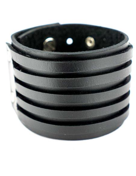 BRACELET EN CUIR NOIR 24X5 CM. AVEC 5 LANIÈRES DÉCORATIVES