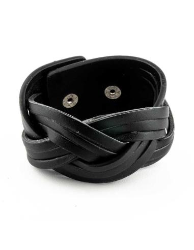 BRACELET LARGE TRESSÉ EN CUIR NOIR