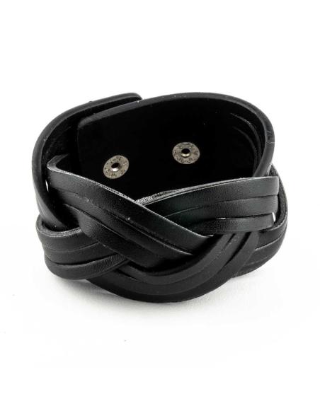 BRACELETE LARGA TRANÇADA PRETA FEITA DE COURO