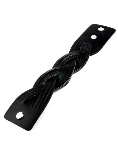 BRACELETE LARGA TRANÇADA PRETA FEITA DE COURO