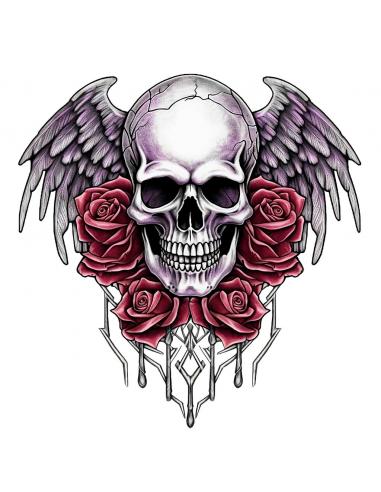 AUTOCOLLANT UV 16X15 PINK SKULL ROSES WINGS