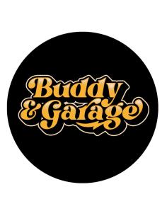 BUDDY & GARAGE VINYL STICKER BLACK BACKGROUND