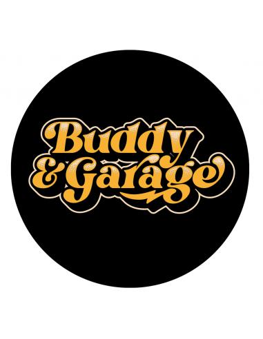 BUDDY & GARAGE VINYL STICKER BLACK BACKGROUND